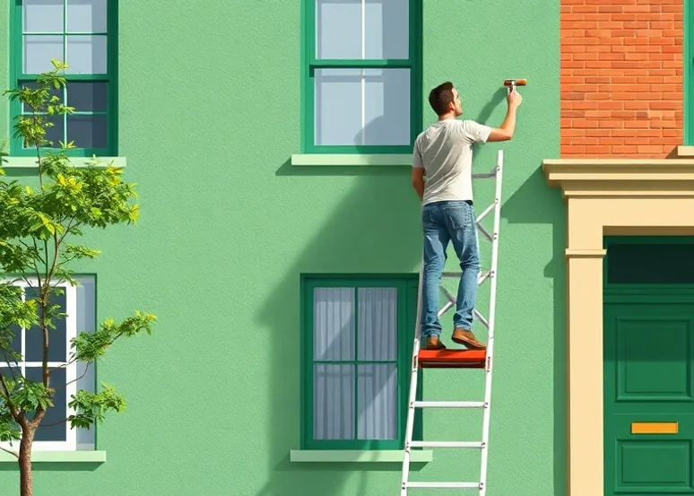 Peintre sur échafaudage traitant la façade d'une maison
